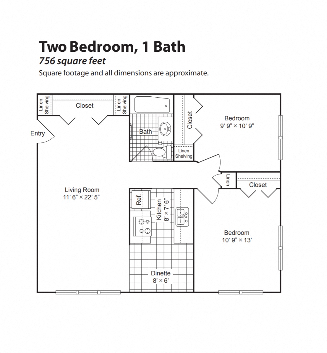 Floor plan for 2 beds, 1 bath, 756 sqft